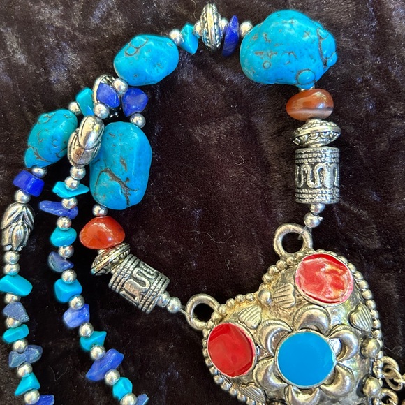 Bohemian Ethnic Statement Necklace Artisan Handmade Lapis Lazuli Turquoise Heart - Picture 3 of 4